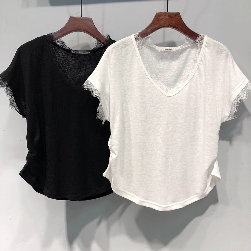 V-Neck Lace Short-Sleeved T-Shirt for Women Summer 2025 New Loose Korean Style Bottoming Shirt Right Shoulder Half-Sleeved Top Trendy