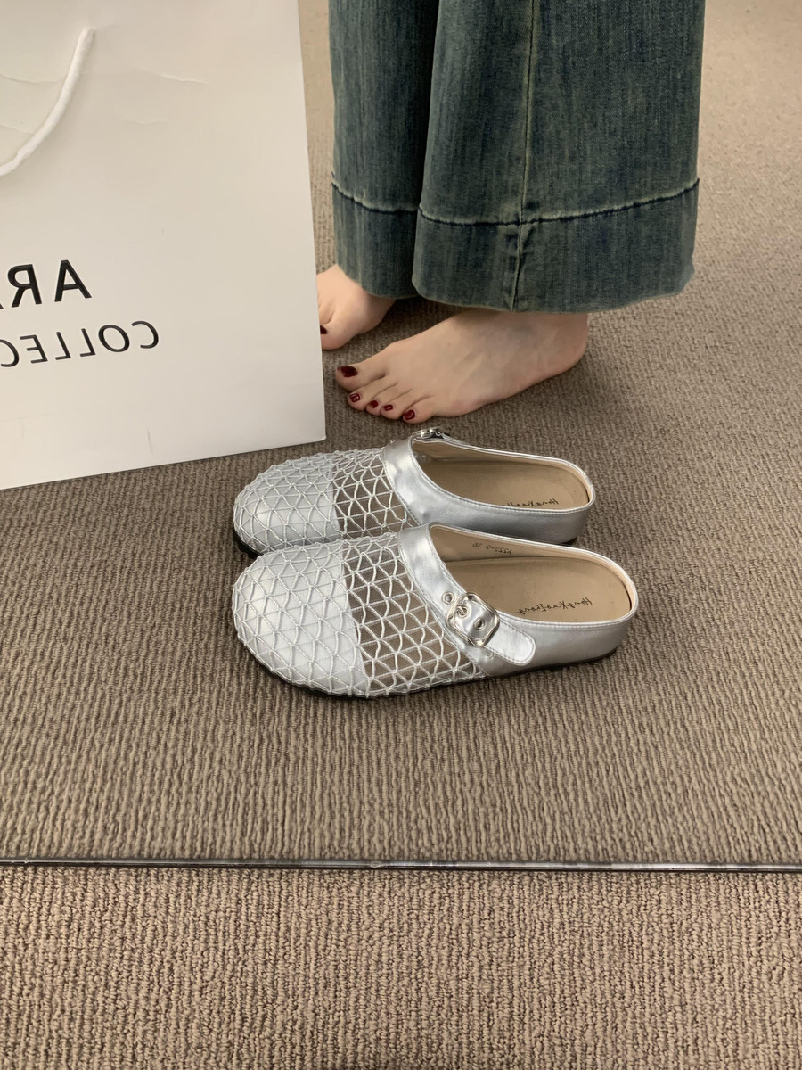 Media pantuflas de malla transpirable hueca de nicho francés, mujer que usa una red de pesca de suela gruesa para el verano, zapatos Birken