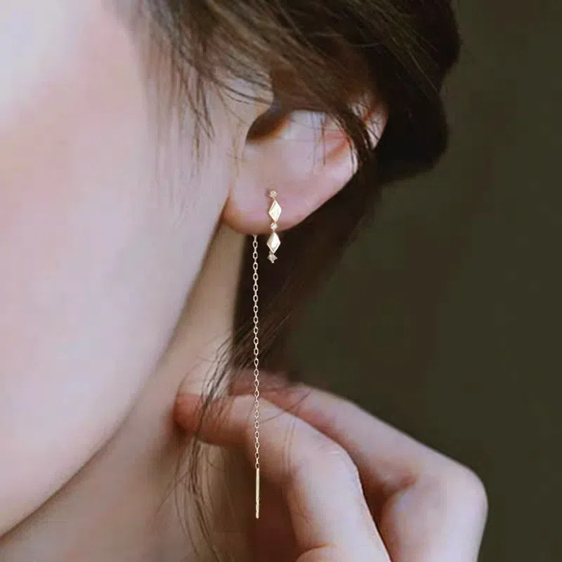 S925 plata esterlina 14k diamantes de oro retrógrado orejetas femeninas temperamento largo bordado cara delgada orejetas orejetas