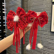 儿童新年发饰亮片蝴蝶结发夹飘带秋冬新款侧边夹红色女童头饰批发