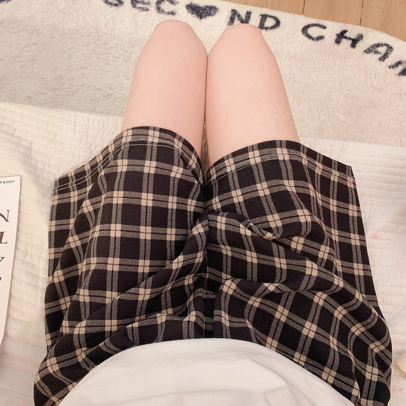 MY237#블랙 및 브라운 체크 무늬 반바지