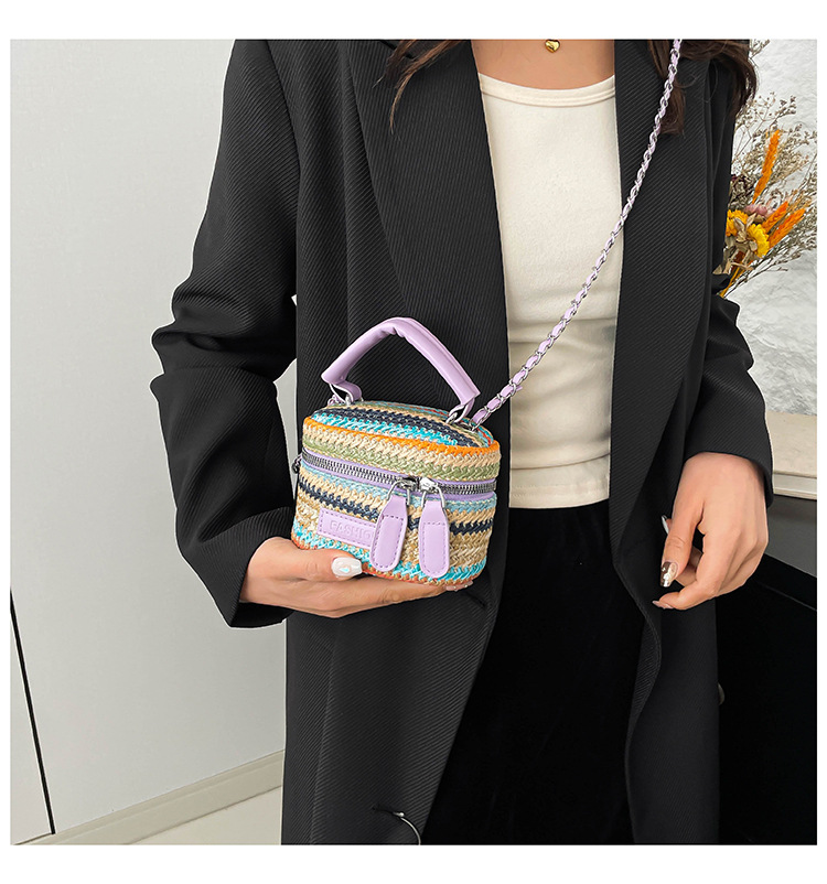 165g Weight Polyester Lining Material Weave Fashion Element Zipper Closure Type Top Handle, Chain Strap Type Crossbody Bag Bags Type Casual, Daily, Shopping Occasion Straw Material Multicolor Pattern Spring&Summer Season Women's Gender Vintage Style Style Cylindrical Shape Women's Straw Multicolor Vintage Style Weave Cylindrical Zipper Crossbody Bag 10