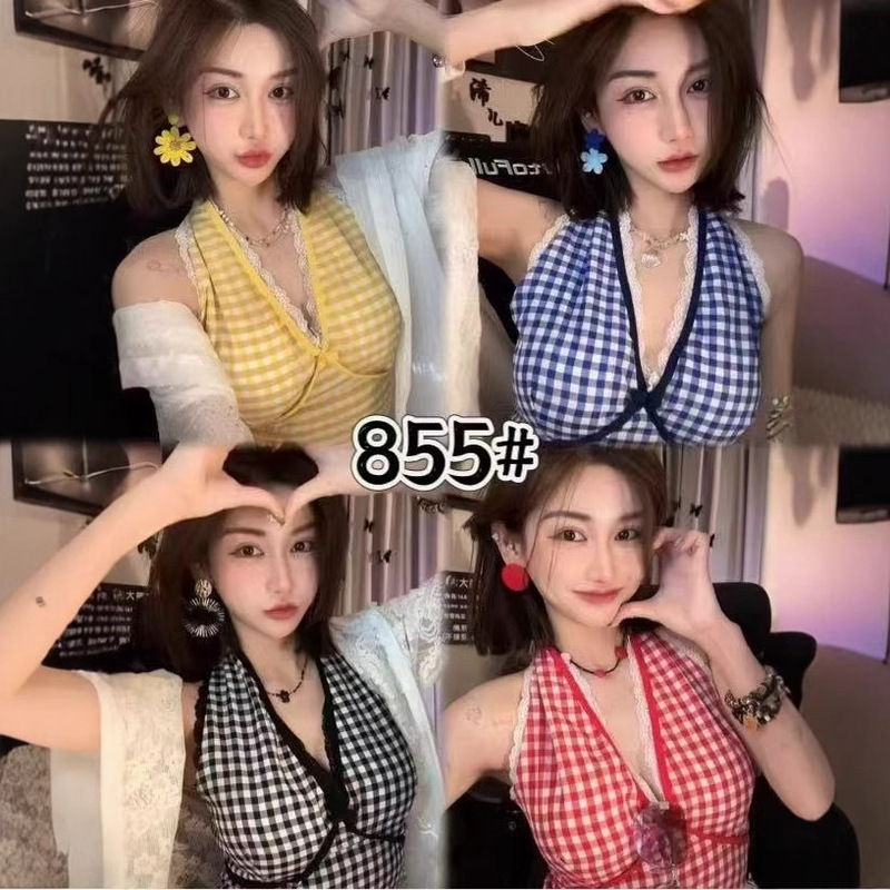 Red Plaid Camisole for Women, Summer Lace Patchwork, V-Neck, Sexy Halter Top, Tight-Fitting