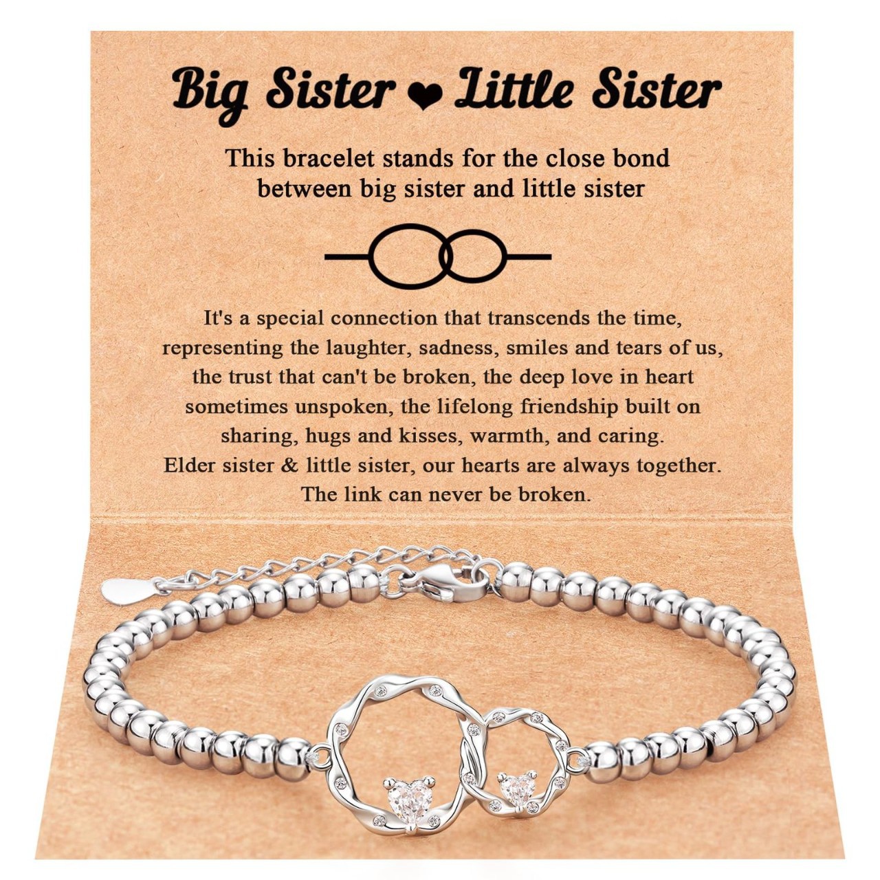 4mm With Heart-shaped Zircon Inlay, Adjustable Chain Bracelet, Double-ring Diamond-studded Silver Bead Bracelet_voghion.com