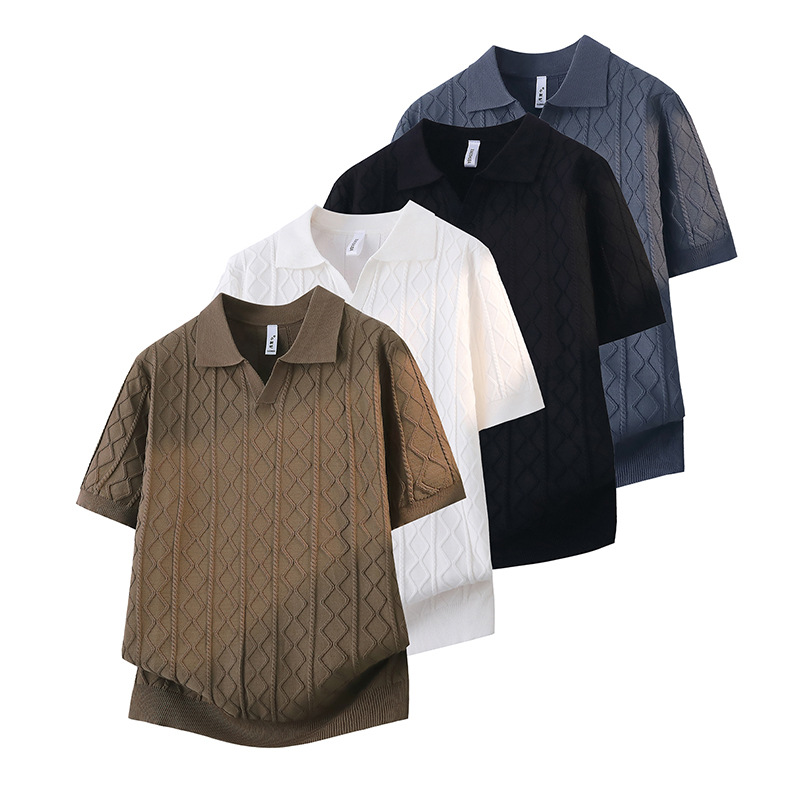 Polo camiseta de punto camiseta de manga corta hombre cuello en V gaviota cuello textural vieja camiseta de hielo de viento de verano fábrica transfronteriza al por mayor