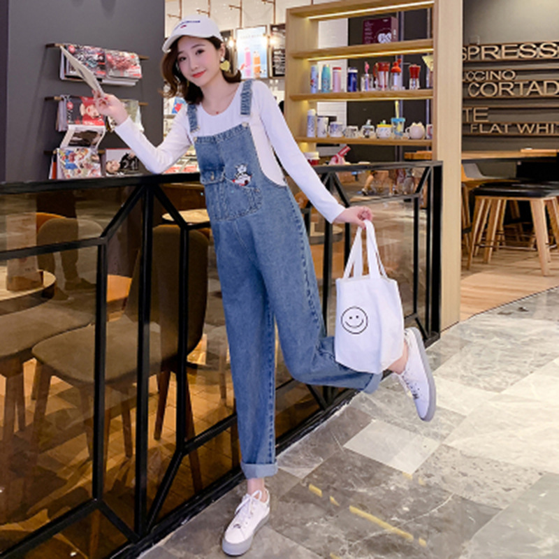Pregnant Women's Overalls Spring and Autumn suit Outer Wear Loose Denim Sling Pants Small Maternity Two-piece Autumn
