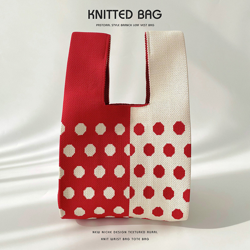 Diseño de nicho color matching Polka Dot bolso de hombro de punto estudiante versátil bolsa de muñeca de gran capacidad bolsa de compras