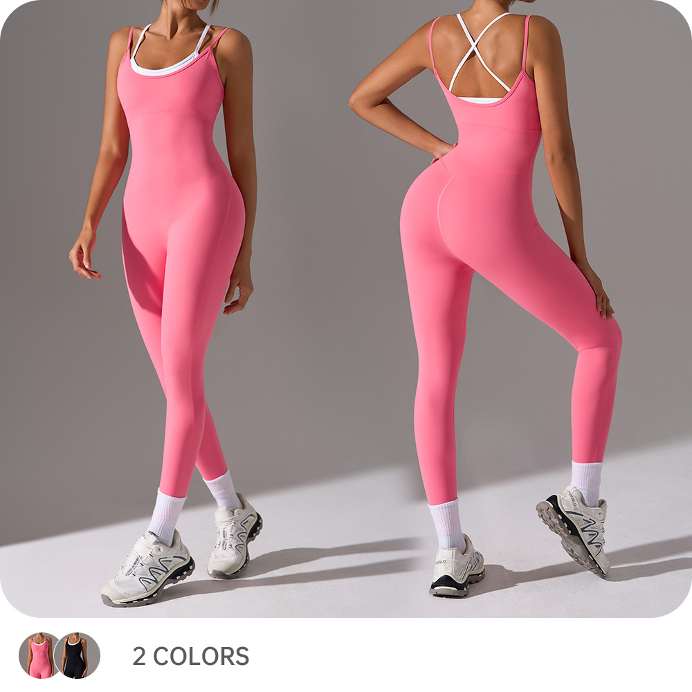 Fake Two-Piece Yoga Suit with Breast Pads, Cross-Over Beautiful Back Suspender Jumpsuit, Tight Nine-Point Pants for Women Dlt015