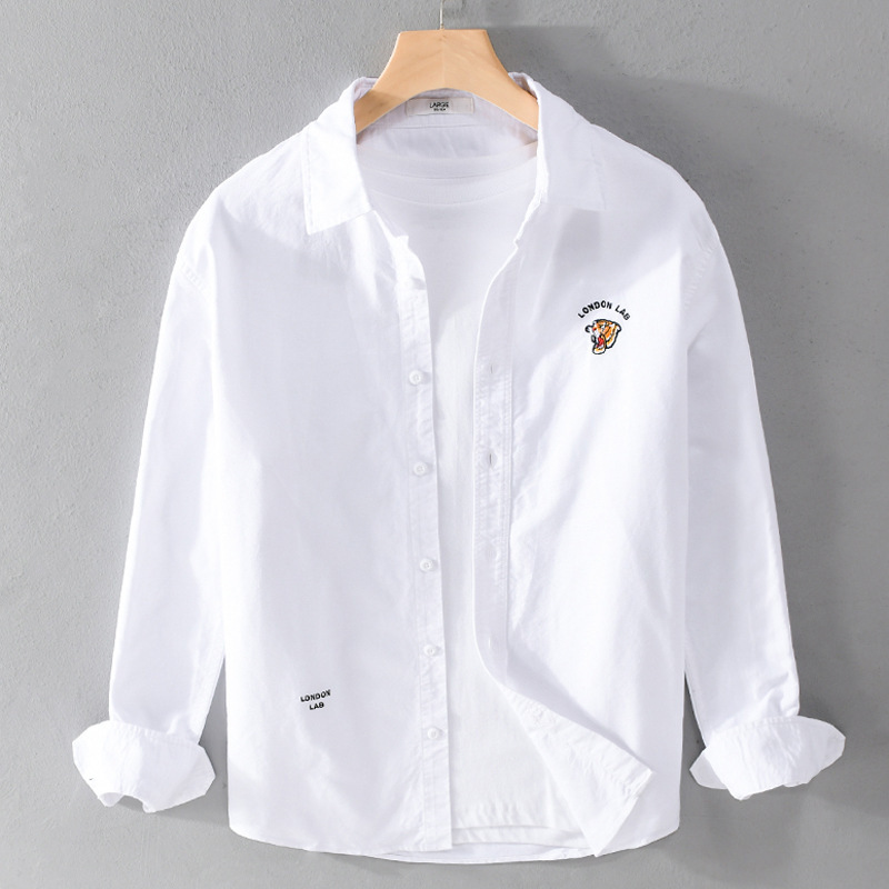 Japanese Casual Men's 2024 Shirt Trendy Little Tiger Embroidered White Shirt All-match Spring Shirt Men's Top Japanese Casual Men's 2024 Shirt Trendy Little Tiger Embroidered White Shirt All-match Spring Shirt Men's Top