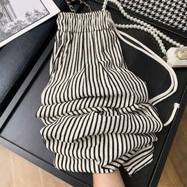 慵懒条纹阔腿裤女装裤子夏季新款高腰显瘦遛弯休闲直筒裤跨境批发