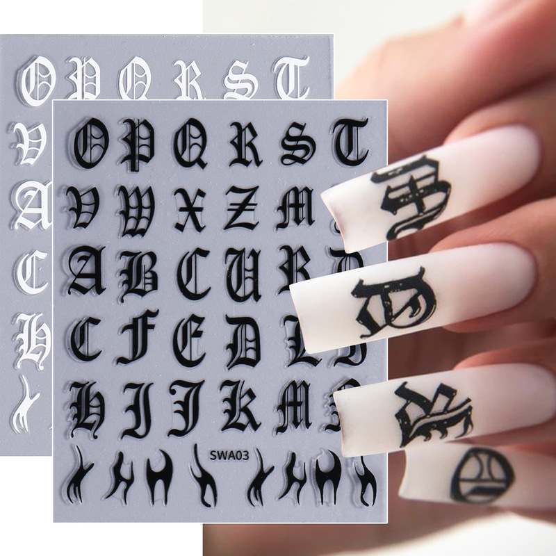 Cross-border new letter nail sticker black and white retro fancy English letter flame line adhesive nail sticker