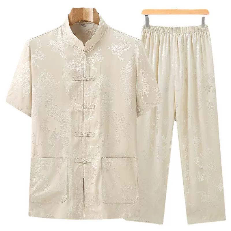 Silk summer thin summer clothing for boys for elderly, set, with short sleeve, Chinese style