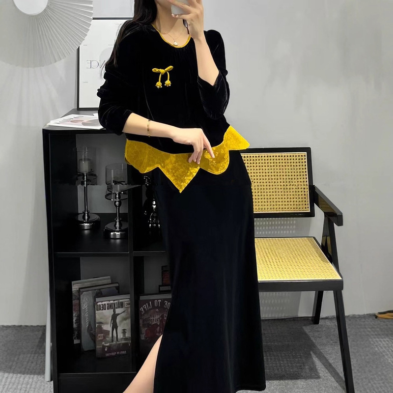 2025秋冬款法式真丝丝绒上衣圆领拼边下摆设计百搭少女俏皮感小衫|undefined