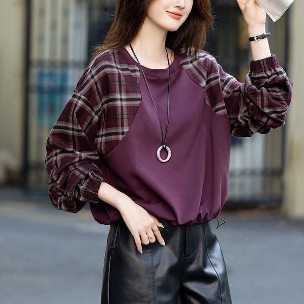 Retro Plaid Patchwork Sweatshirt for Women, 2025 Autumn New Style, Round Neck, Drawstring, Plus Size, Loose Hem Top