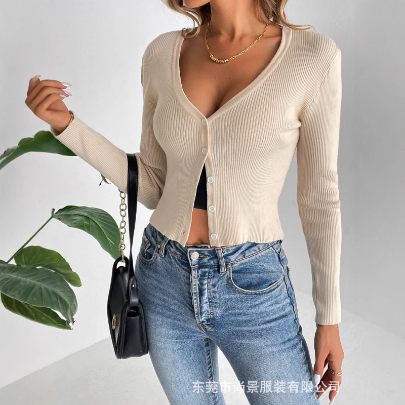 2025 European and American Cross-Border Export Women's V Neck Slim Button Cardigan Spiral Pattern Knitwear Short Knitwear for Women