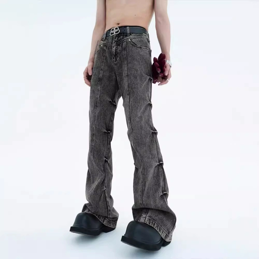 Американские ретро джинсы мужские весенние и осенние мальчики пустоши ветер складки дизайн брюки с длинными ногами расклешенные брюки