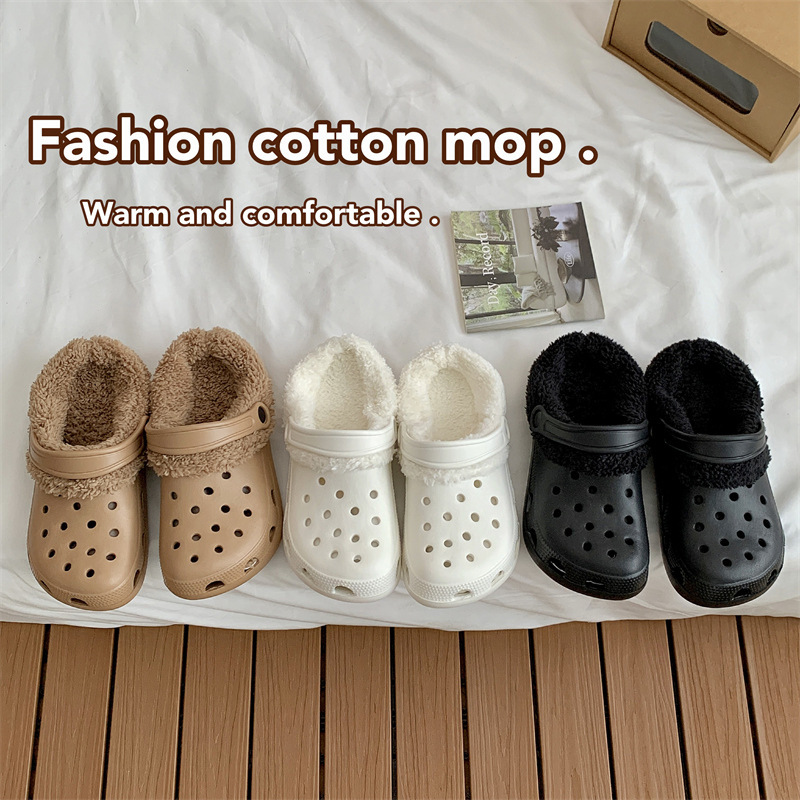 Women's Velvet Crocs Removable Winter Eva Warm Thickeneded Cotton Slippers for Outer Wear Couple Baotou Cotton Shoes for Women