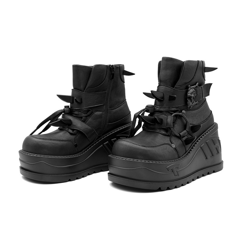 Dark Gothic Ultra-Thick-Soled Martin Boots with Front Laces, Metal Punk Style, Flat-Soled Women's Height-Increasing Slimming Chunky Boots Dark Gothic Ultra-Thick-Soled Martin Boots with Front Laces, Metal Punk Style, Flat-Soled Women's Height-Increasing Slimming Chunky Boots