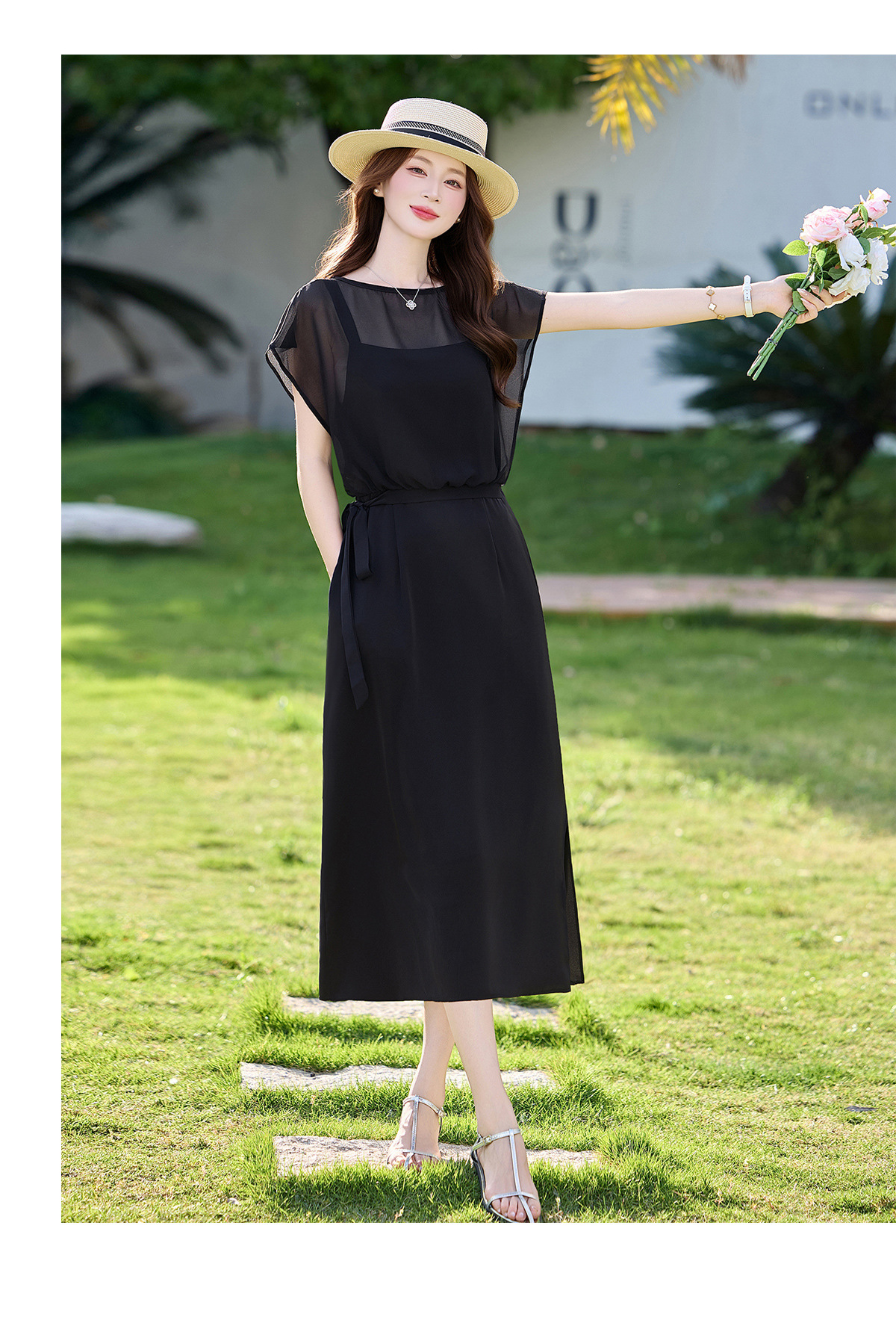 Đầm chữ A eo thắt dây tay ngắn cổ điển dáng midi — màu đen, Điểm sóng chi tiết 19