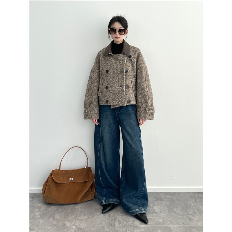 Fab Home! Sheep Wool, Mohair, Alpaca Wool Design, Two-Wear Retro Herringbone Leather Collar Short Wool Coat