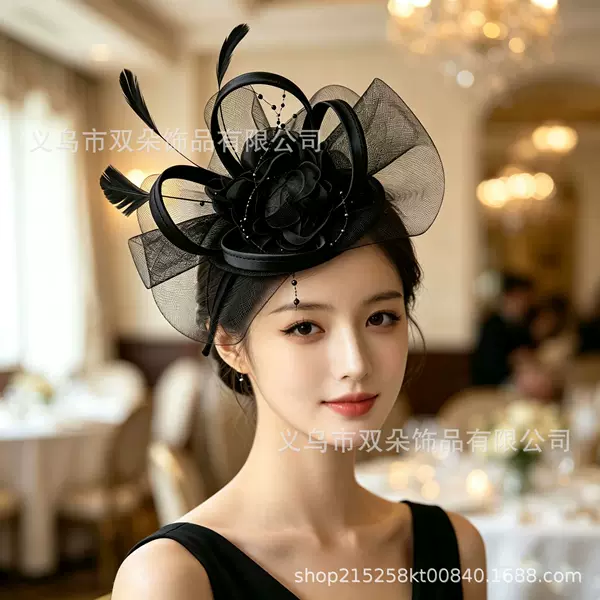 Mesh feather headpiece European vintage style evening party photo studio bridal photo shoot headband floral headwear hat