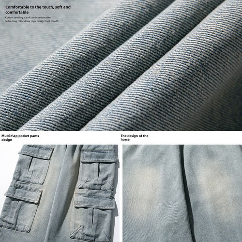 Original multi-pocket design men's spring denim washed distressed trendy brand loose Japanese denim pants