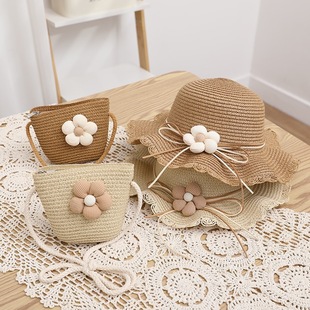 Summer Children's Hat, Wavy Lace Hat, Bag, Two-Piece Set, Fashionable and Cute Flower Sun Protection Sun Hat