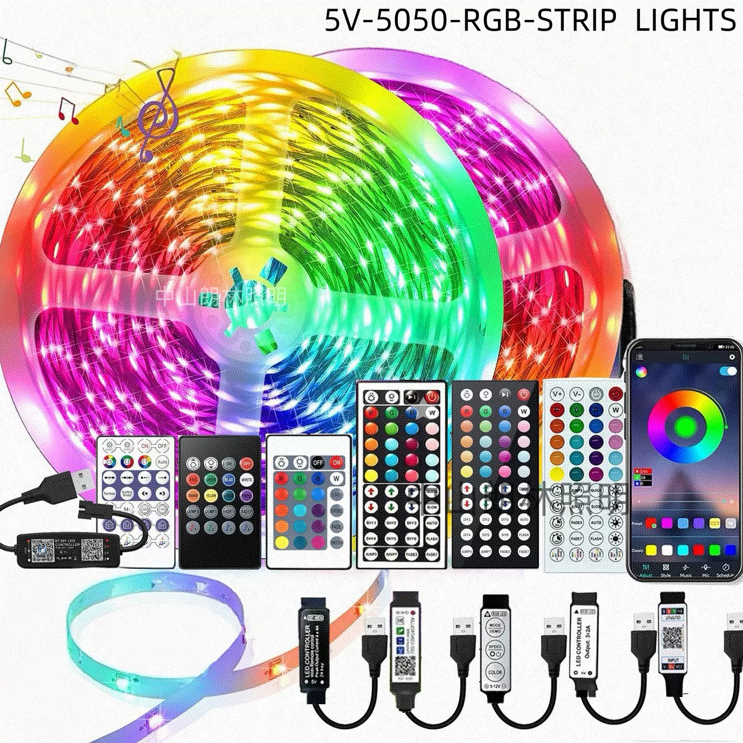 跨境LED5v自粘rgb灯带5050蓝牙APP音乐灯带七彩氛围灯usb灯带套装