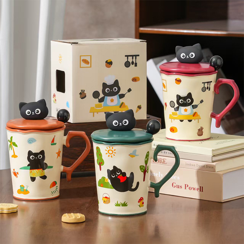 漫画セラミックカップかわいい猫マグ蓋スプーン水カップホーム朝食カップカップル誕生日ギフトカップ|undefined