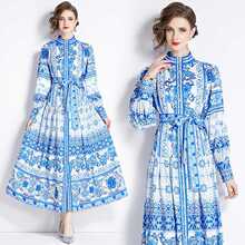 实拍现货-欧美时尚宫廷风立领单排扣青花瓷印花连衣裙