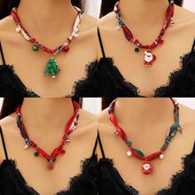 欧美跨境饰品圣诞节多巴胺彩色丝巾吊坠项链配饰女圣诞树麋鹿颈链