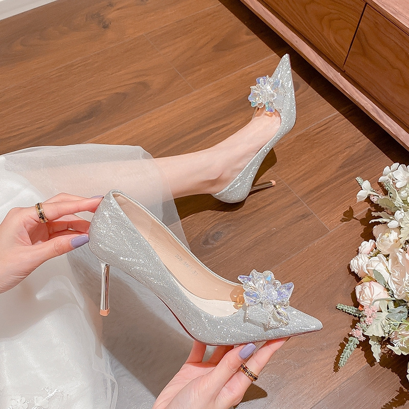 Main wedding dress Xiuhe rhinestone bridal shoes stiletto heel princess shoes 2023 new French crystal butterfly banquet shoes for women