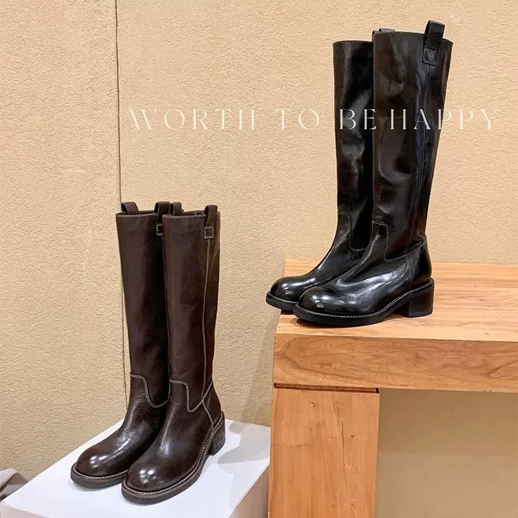 法式小耳朵软皮靴后拉链厚底粗跟中高筒长靴女复古圆头褶皱骑士靴