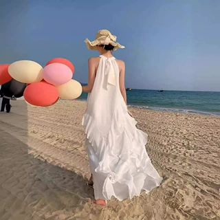 2024新品挂脖荷叶边度假穿搭连衣裙仙女海边重工沙滩蛋糕气质优雅