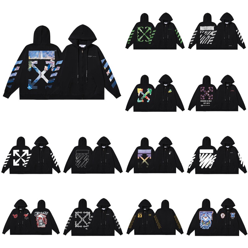 26S cross-border OFF-WHITE pure cotton terry 420g heavyweight tape arrow print cardigan hooded sweatshirt jacket 26S cross-border OFF-WHITE pure cotton terry 420g heavyweight tape arrow print cardigan hooded sweatshirt jacket