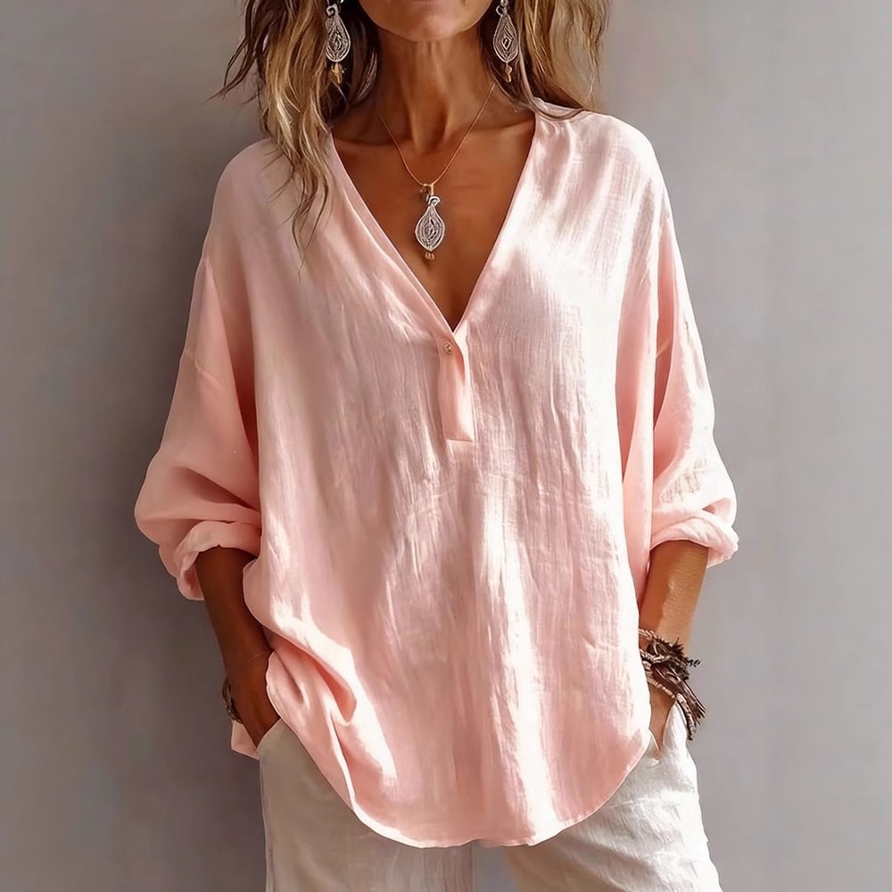 Women's V-Neck Long Sleeve Blouse Relaxed Fit Pullover Top For Autumn Casual Wear_ecoleips.com