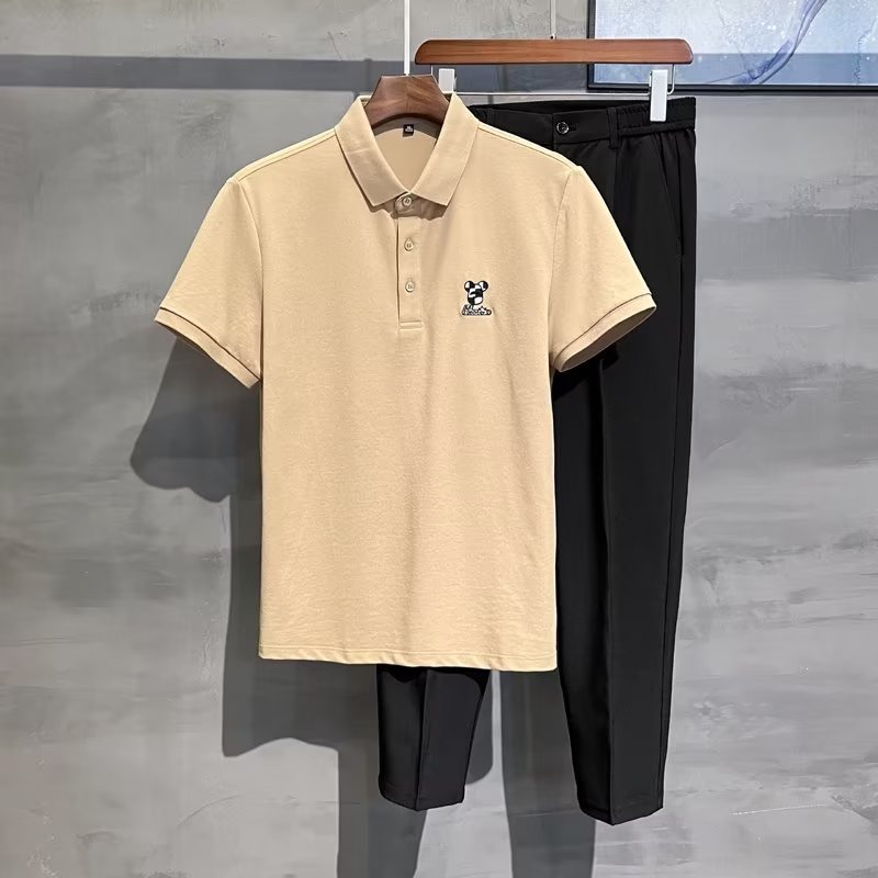 2024 Summer Thin Pearl Mesh Bear Embroidered Back Letter Print Slim Fit Elastic Polo Short Sleeves_voghion.com