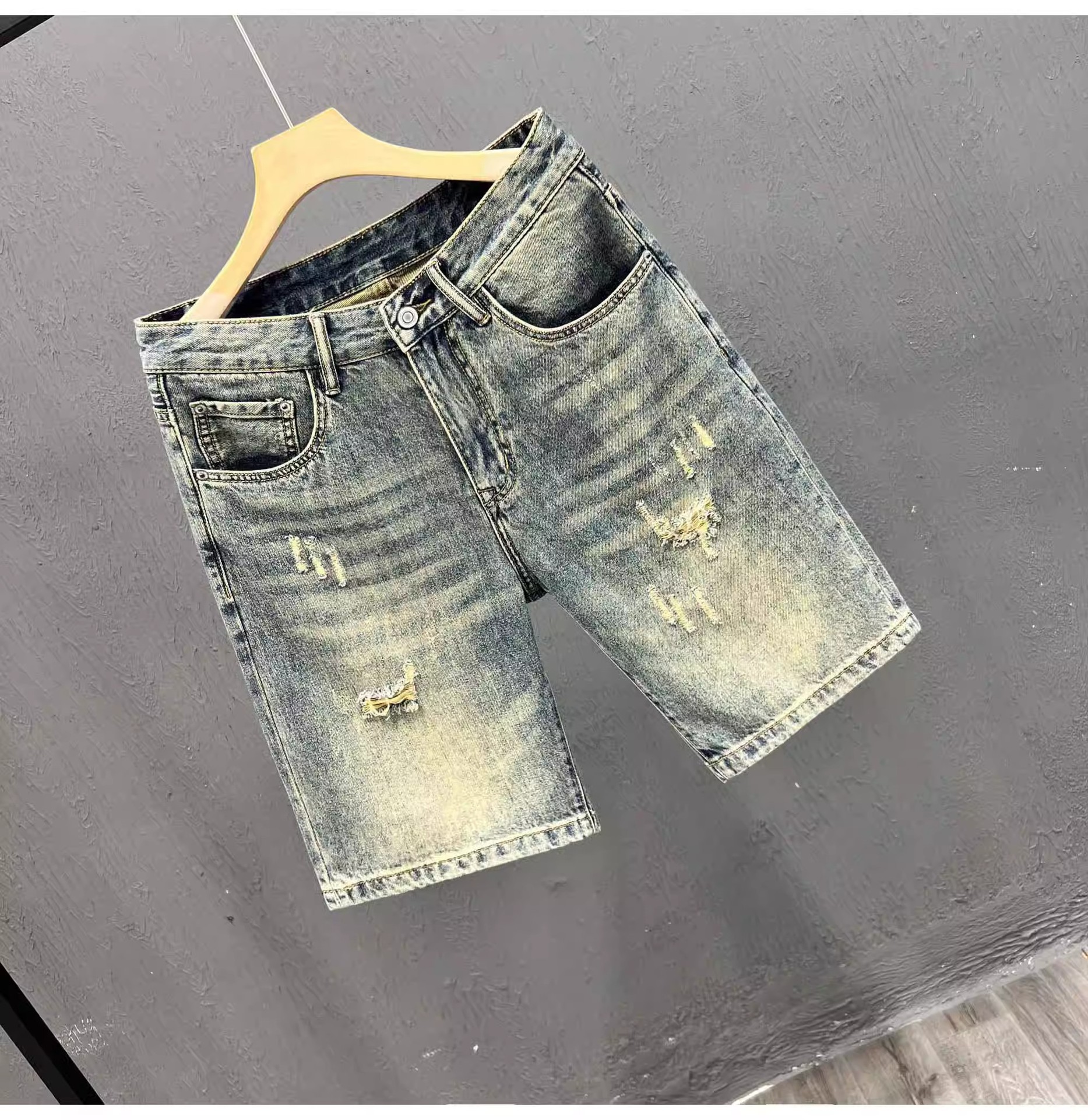 Men's Lightweight Distressed Denim Shorts Trendy High End Printed Patchwork Mid-Length Stretch Five-Point Pants Summer_mkmklike.com