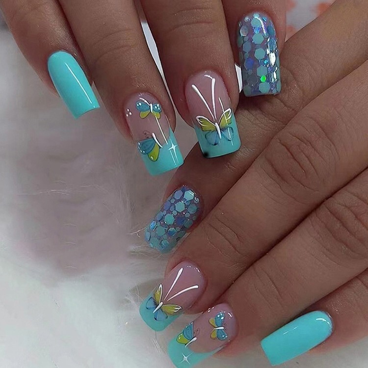 Fresh natural blue green butterfly manicure European Square mid-length fake nail Lake green French wear nail polish piece