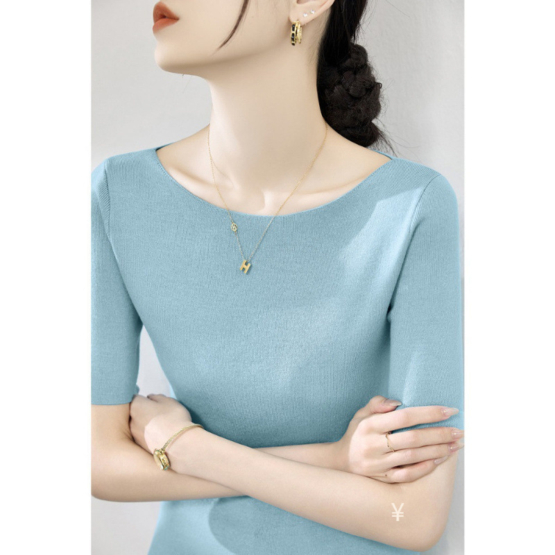 Summer New Style Light Blue Slim-Fit Short-Sleeve Knit Top, Thin Lyocell Ice Silk Off-Shoulder T-Shirt Women's Clothing