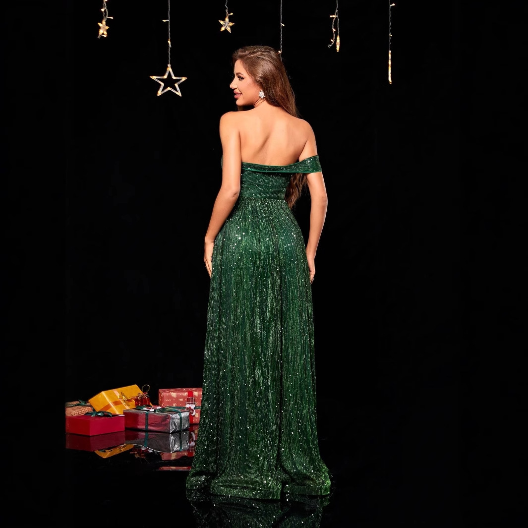 Europa y los Estados Unidos vestido de noche para mujeres 2026 nuevo vestido de cumpleaños de hombro verde vestido de mitzvah vestido de mujer