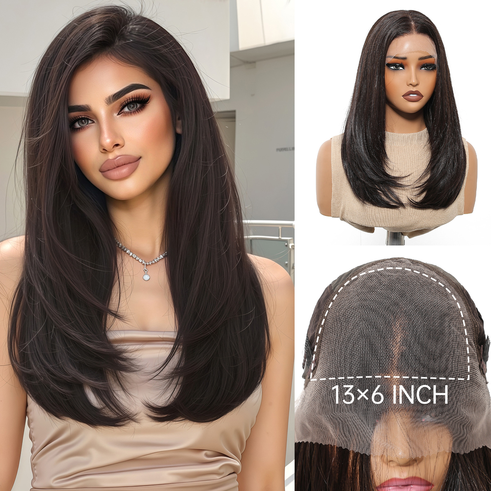 13 * 6 gran área de gradiente dorado pelucas de encaje femenina libre cosida cabello suave suave fibra química pelucas de encaje image 8