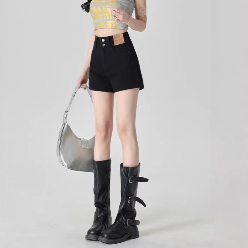 Black Women's Summer Thin High-Waisted Elastic Shorts for Plus-Size Girls, Slimming A-Line Hot Pants for Pear-Shaped Body, Denim Shorts Black Women's Summer Thin High-Waisted Elastic Shorts for Plus-Size Girls, Slimming A-Line Hot Pants for Pear-Shaped Body, Denim Shorts