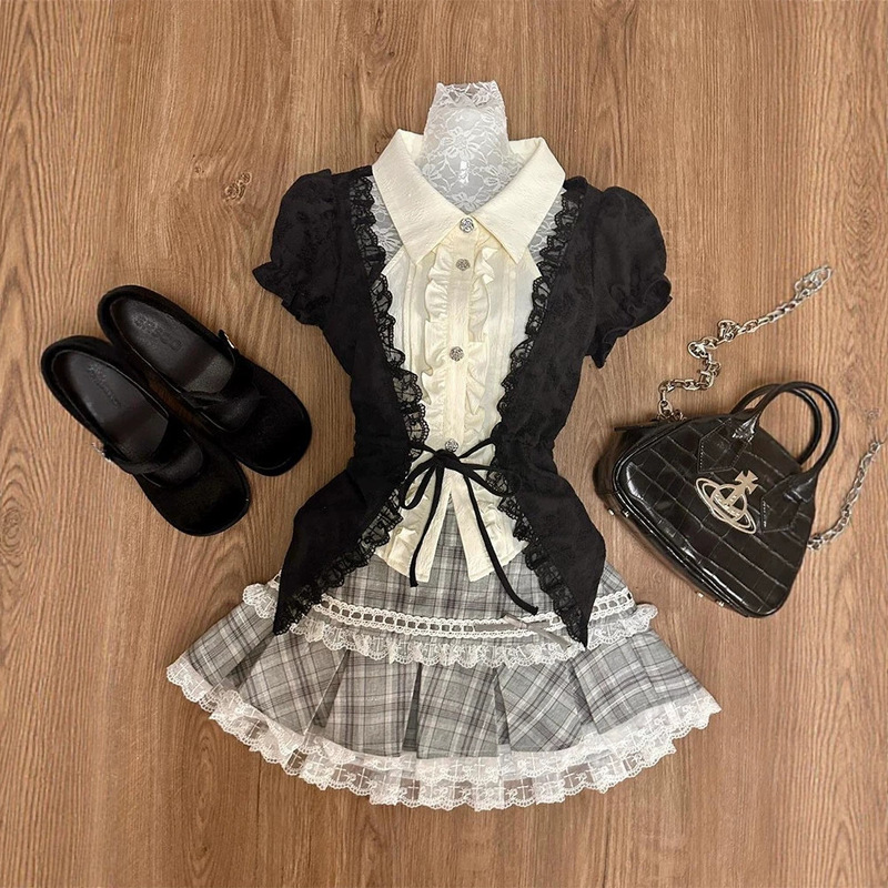Dark Gothic Style Witch Black Waist-Cinching Faux Two-Piece Shirt with Gray Lace Patchwork Plaid Skirt Set Dark Gothic Style Witch Black Waist-Cinching Faux Two-Piece Shirt with Gray Lace Patchwork Plaid Skirt Set