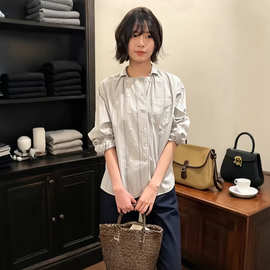 现货urbanic30条纹双门襟褶皱衬衫女ins韩系极简慵懒风长袖衬衣