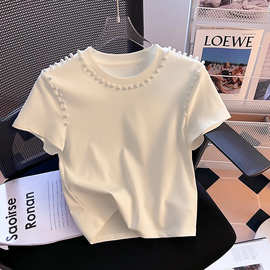 实拍钉珠圆领短袖T恤女2024年夏季新款修身纯色简约百搭打底上衣