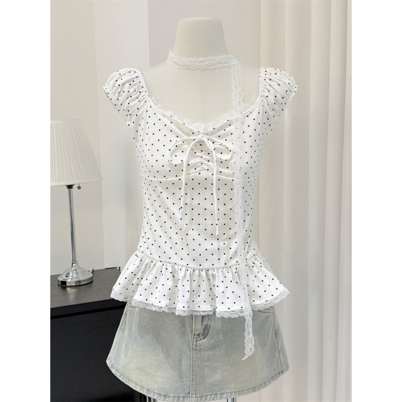 1*1 Cool Silk Cotton Off-Shoulder Short-Sleeve Women's Summer Lace Ribbon Patchwork Polka Dot T-Shirt Slim Fit Korean Style Top 1*1 Cool Silk Cotton Off-Shoulder Short-Sleeve Women's Summer Lace Ribbon Patchwork Polka Dot T-Shirt Slim Fit Korean Style Top