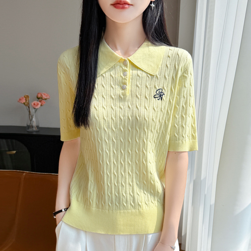 女式POLO领莱赛尔天丝五分袖内搭夏季新款刺绣设计套头T恤内搭衫