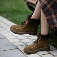 2025秋冬新款牛反绒加绒短靴女圆头系带复古时尚雪地靴大棉靴批发