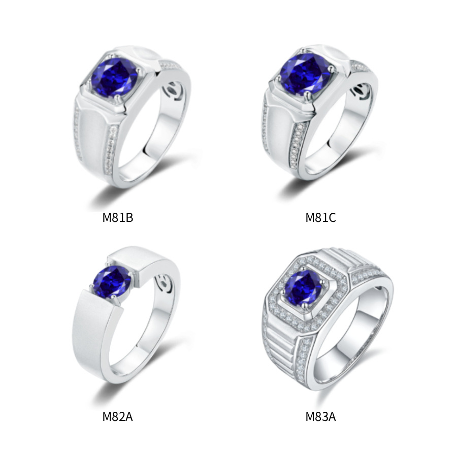 Trendy Personalized Gemstone Rings Wholesale in Stock, Thick Round S925 Sterling Silver Lab-Grown Sapphire Ring for Men